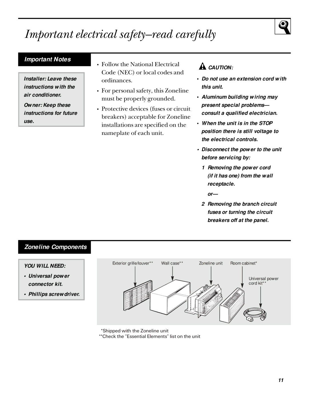 GE 5100 installation instructions Important electrical safety-read carefully, Important Notes, Zoneline Components 