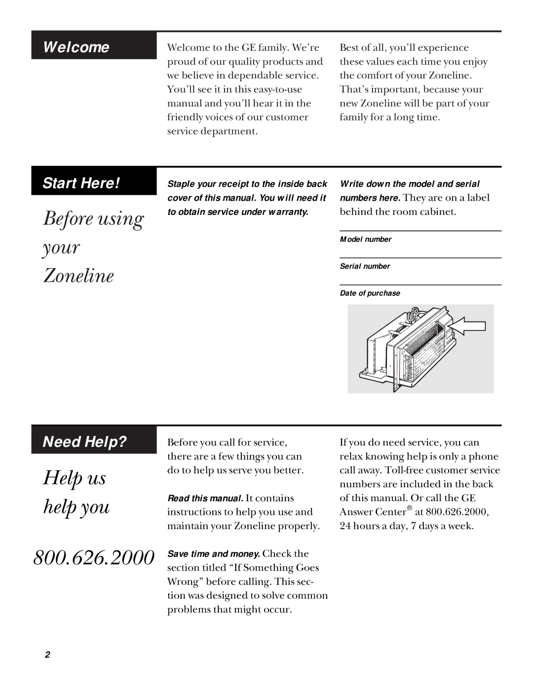 GE 5100 installation instructions Before using your Zoneline, 800.626.2000, Write down the model and serial 