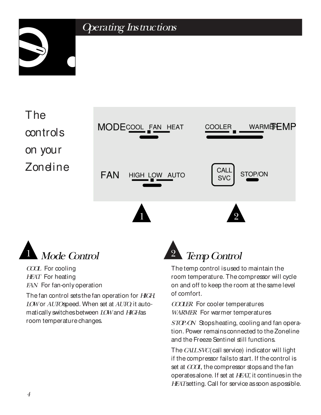 GE 5100 installation instructions Controls on your Zoneline, Mode Control 