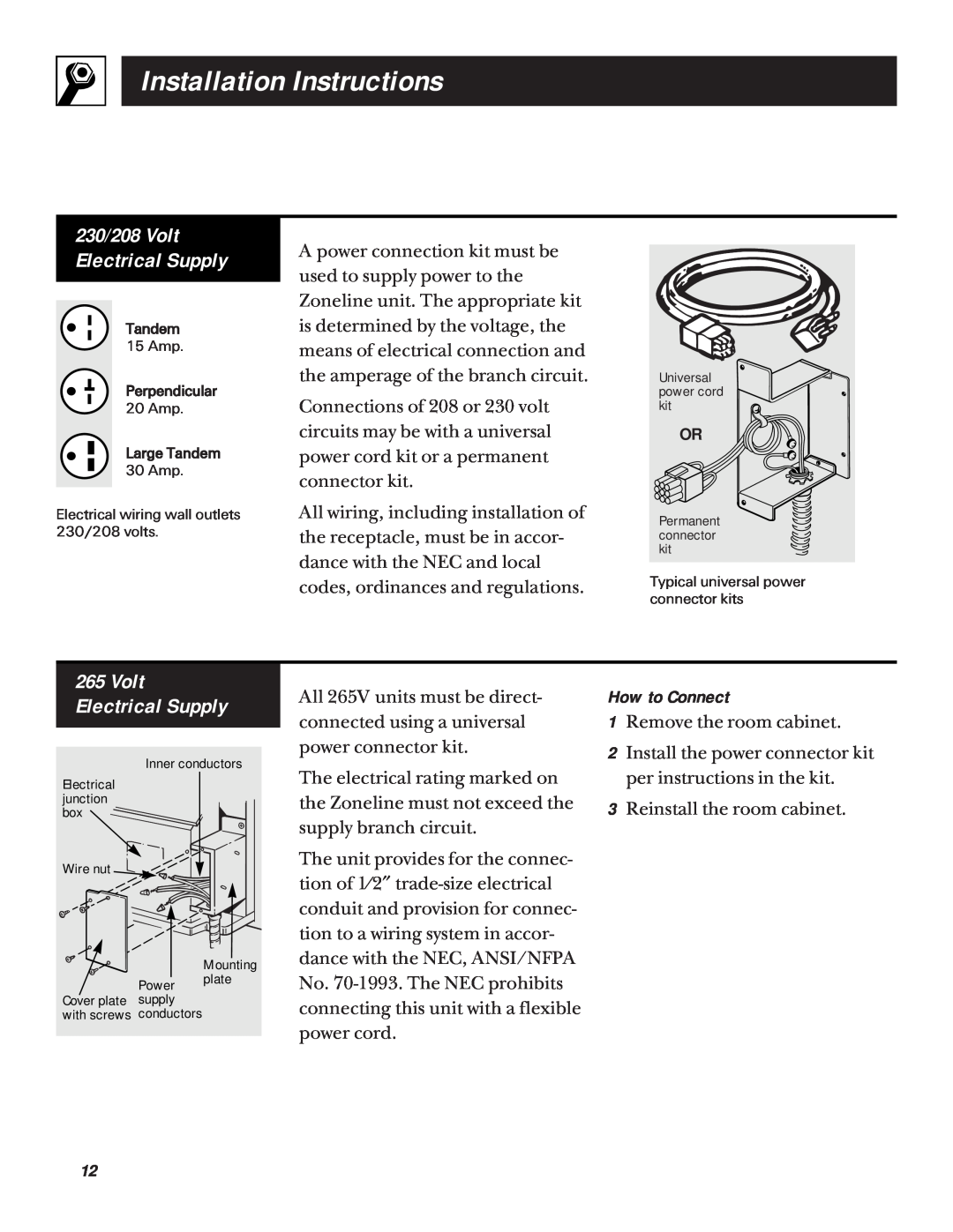 GE 5100 230/208 Volt Electrical Supply, 265Volt Electrical Supply, How to Connect, Installation Instructions 