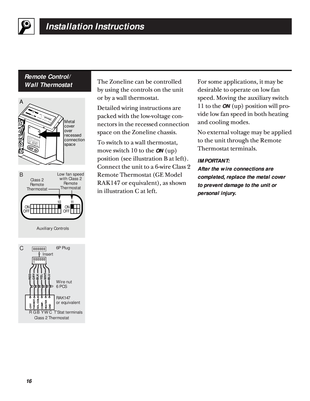 GE 5100 installation instructions Remote Control Wall Thermostat, Installation Instructions 