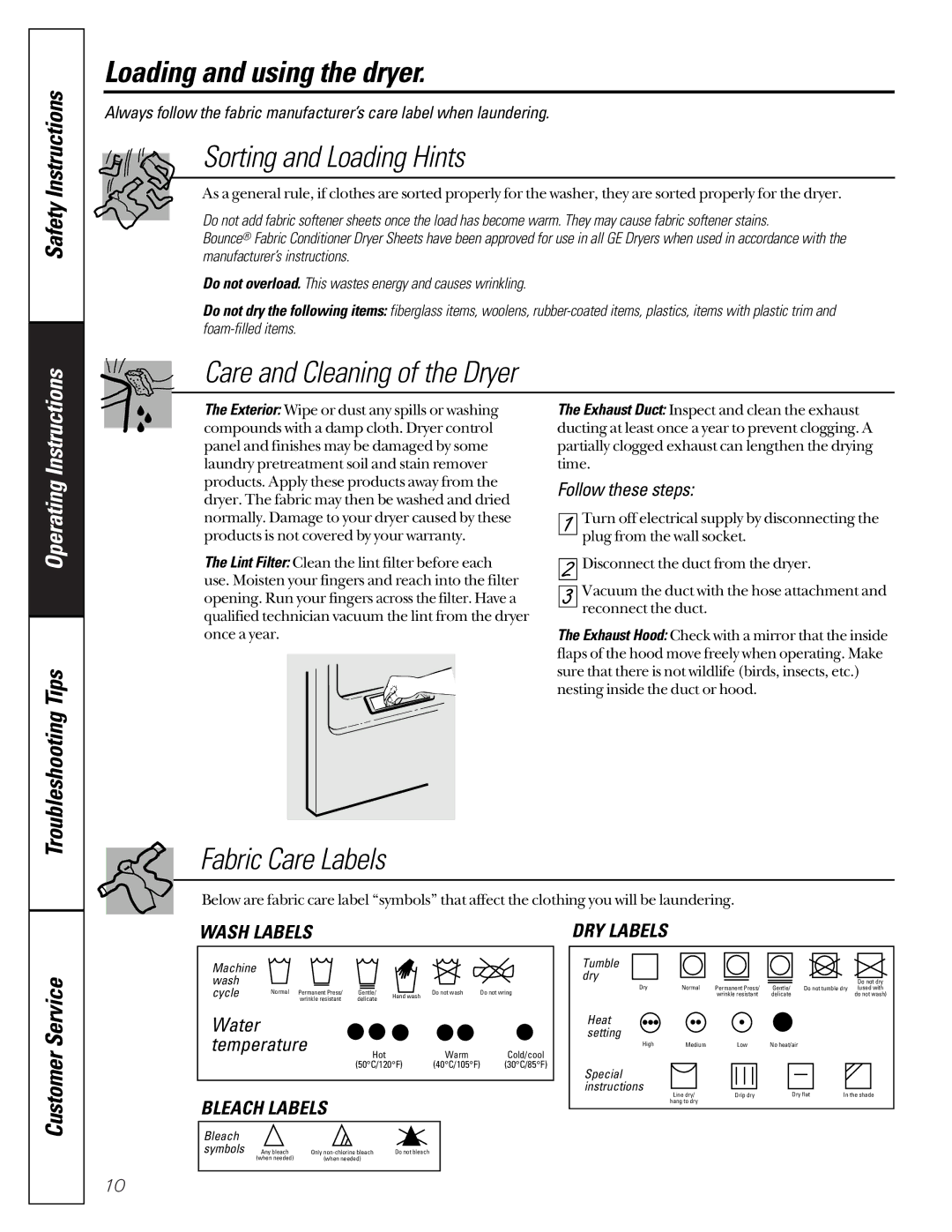 GE 513, 405 Loading and using the dryer, Sorting and Loading Hints, Care and Cleaning of the Dryer, Fabric Care Labels 