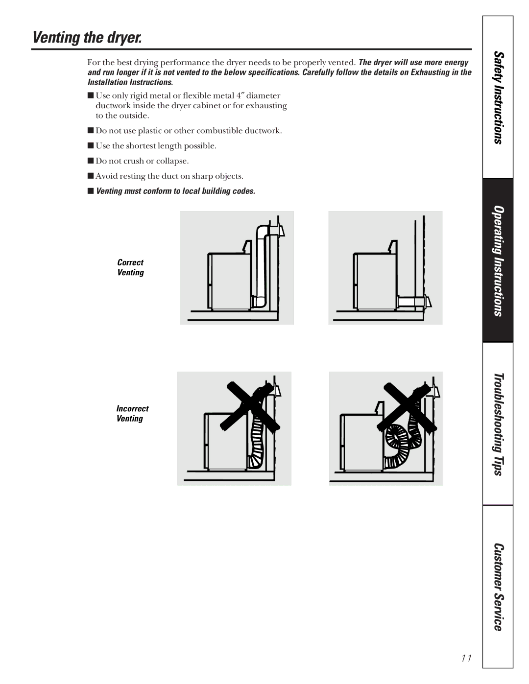 GE 405, 513 owner manual Venting the dryer 