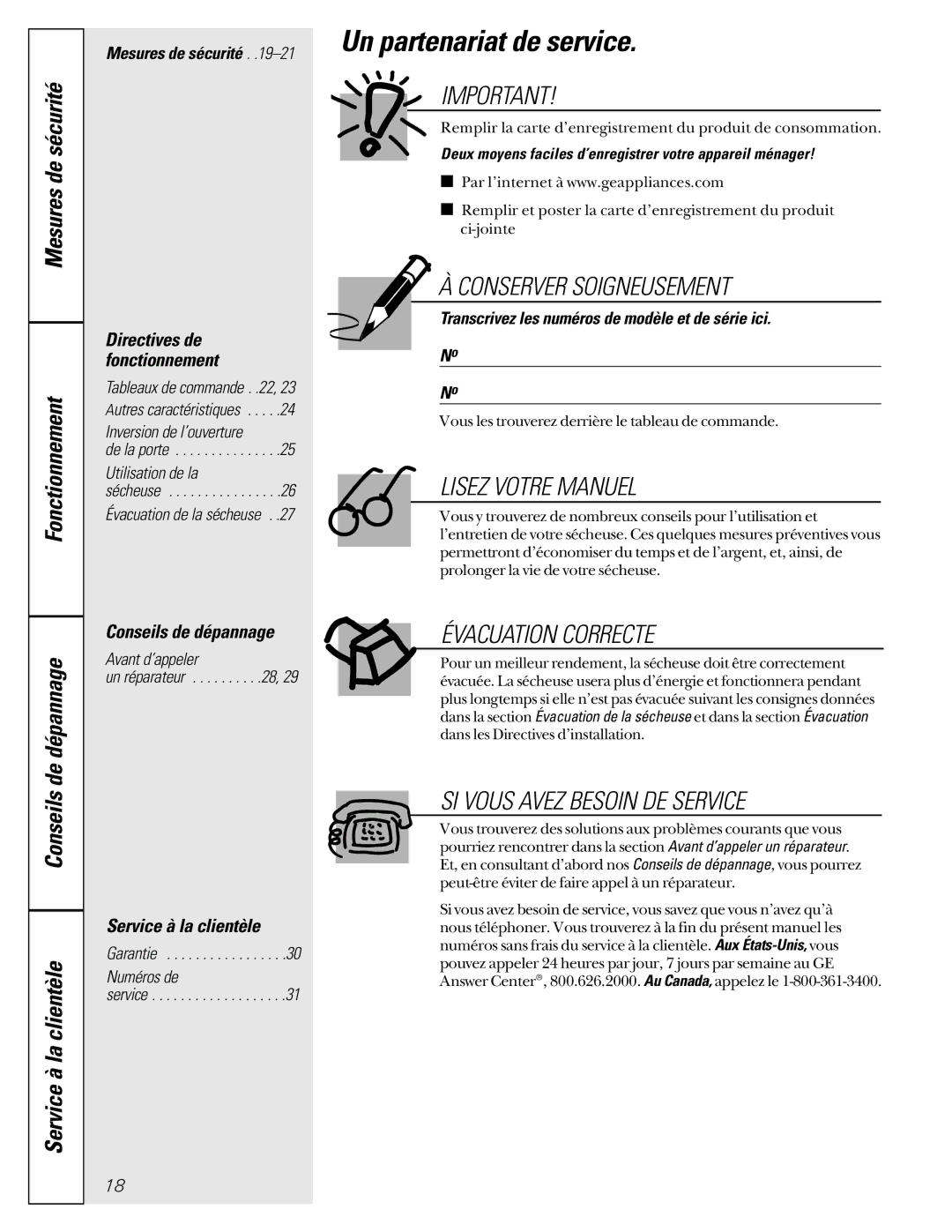 GE 513, 405 owner manual Un partenariat de service, Conseils de dépannage, Service à la clientèle 