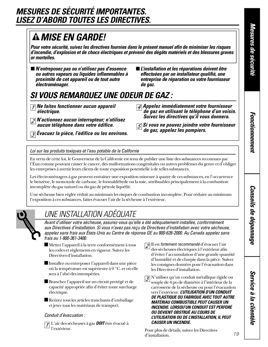 GE 405 UNE Installation Adéquate, Mesures de sécurité, Proximité de cet appareil ou de tout autre, Électroménager De gaz 