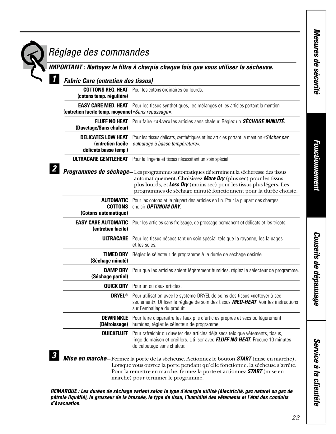 GE 405, 513 owner manual Réglage des commandes, Mesures de sécurité, Choisir Optimum DRY 