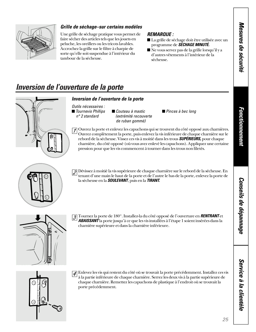 GE 405, 513 owner manual Inversion de l’ouverture de la porte, Grille de séchage-sur certains modèles 