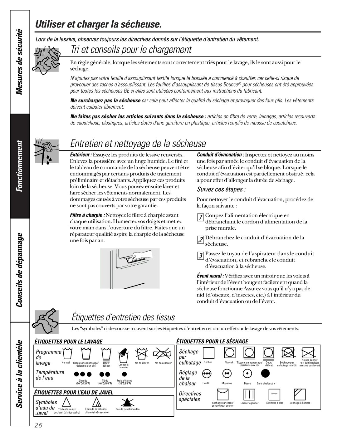 GE 513, 405 Utiliser et charger la sécheuse, Tri et conseils pour le chargement, Entretien et nettoyage de la sécheuse 