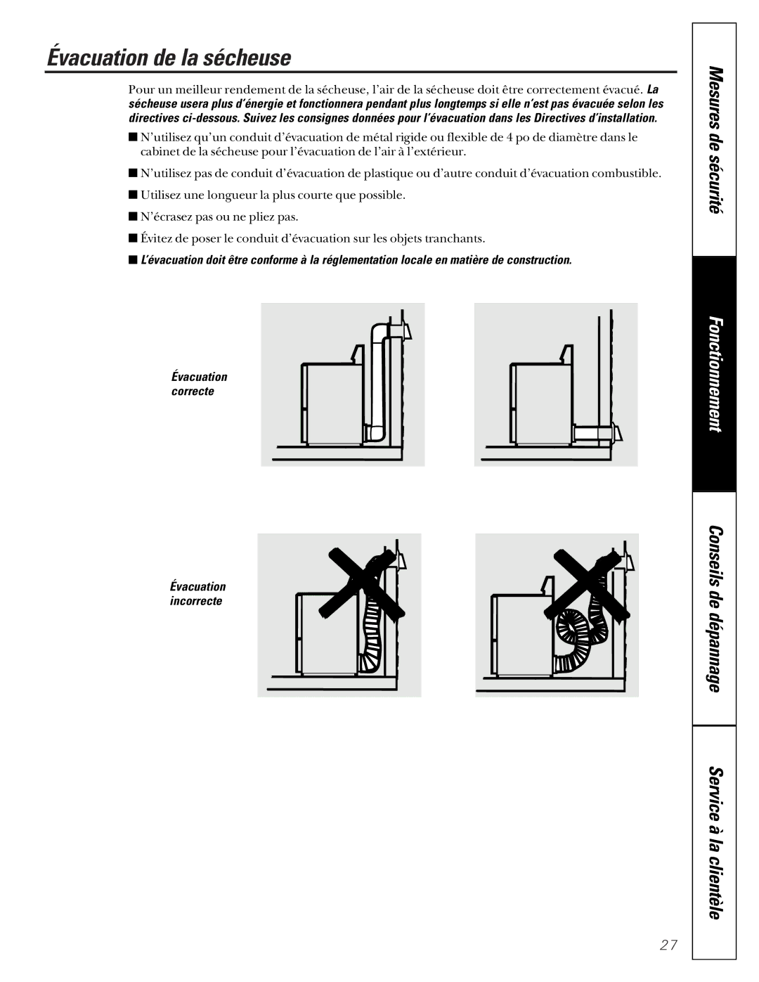 GE 405, 513 owner manual Évacuation de la sécheuse 