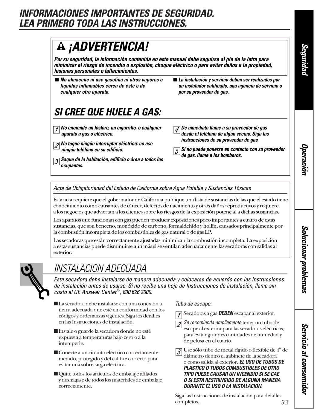 GE 405, 513 owner manual Instalacion Adecuada, Seguridad, Tubo de escape, Líquidos inflamables cerca de éste o de 