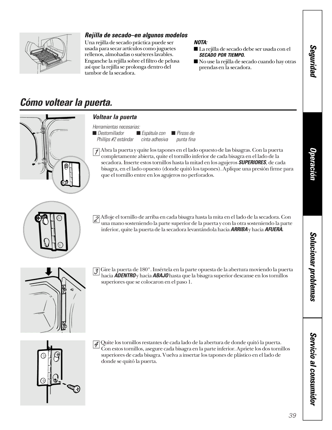 GE 405, 513 owner manual Cómo voltear la puerta, Voltear la puerta, Rejilla de secado-en algunos modelos 