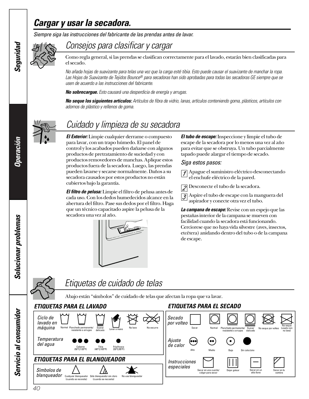 GE 513, 405 owner manual Cargar y usar la secadora, Consejos para clasificar y cargar, Cuidado y limpieza de su secadora 