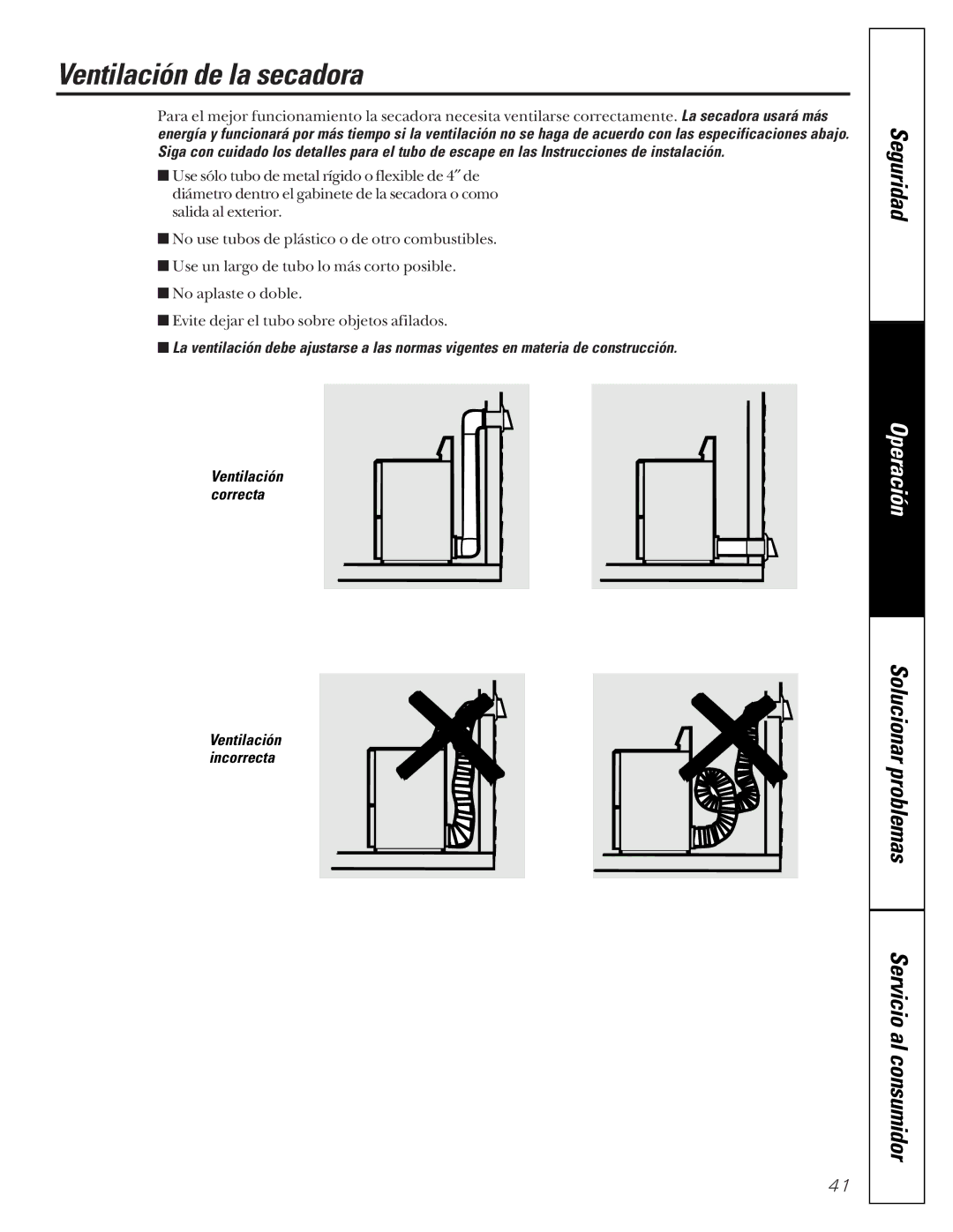 GE 405, 513 owner manual Ventilación de la secadora 