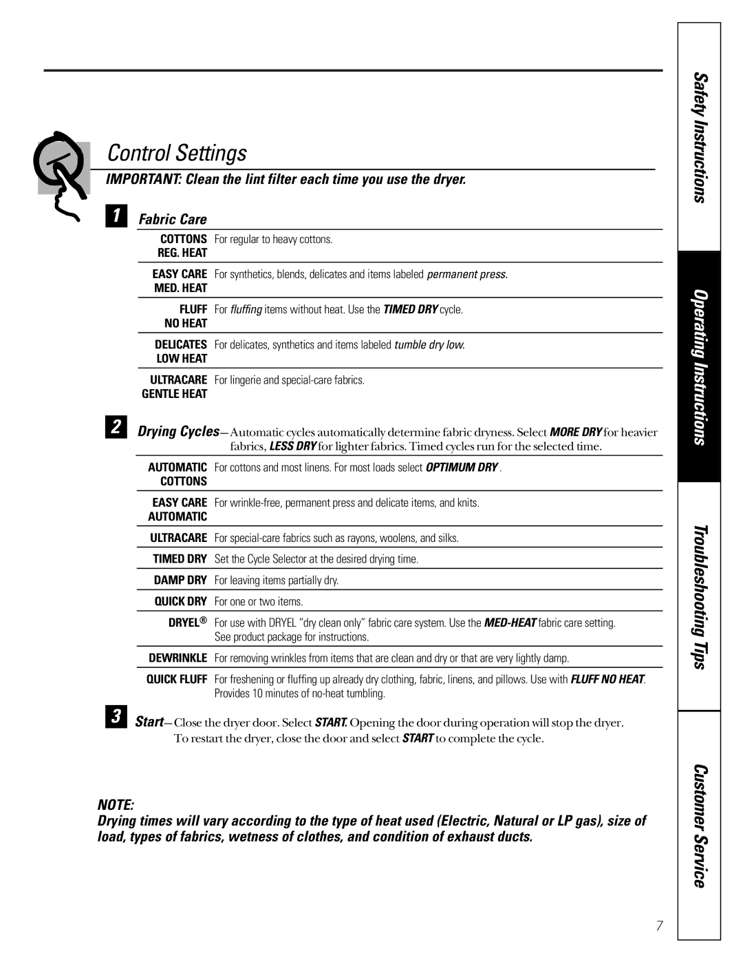 GE 405, 513 owner manual Control Settings, Gentle Heat 