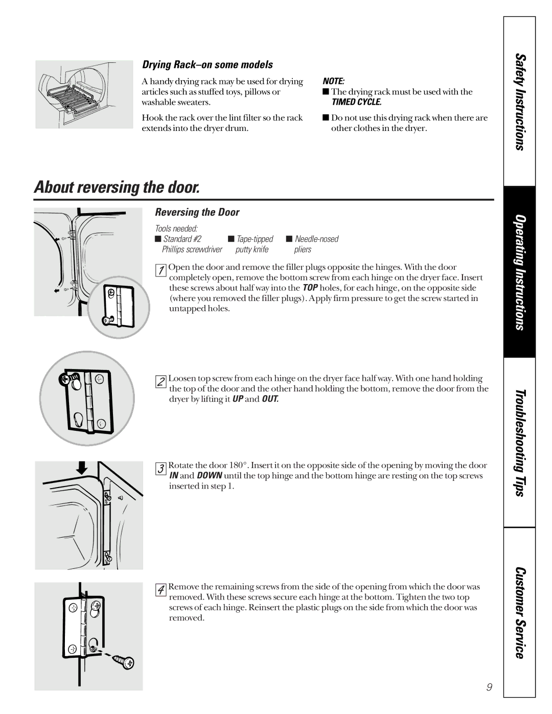 GE 405, 513 owner manual About reversing the door, Drying Rack-on some models, Reversing the Door, Timed Cycle 