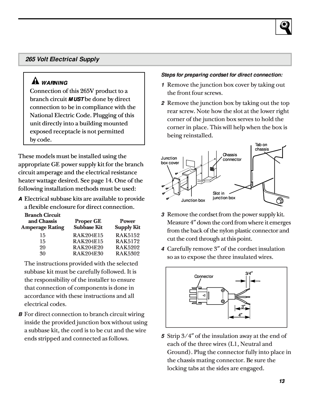 GE 5200 installation instructions Volt Electrical Supply, Steps for preparing cordset for direct connection 