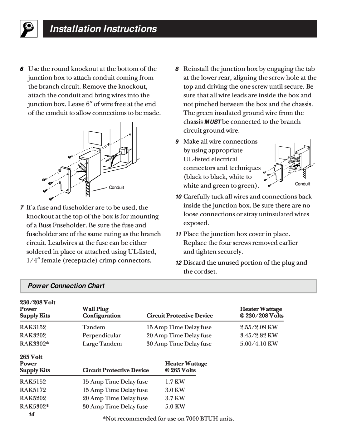 GE 5200 installation instructions Power Connection Chart, Installation Instructions 