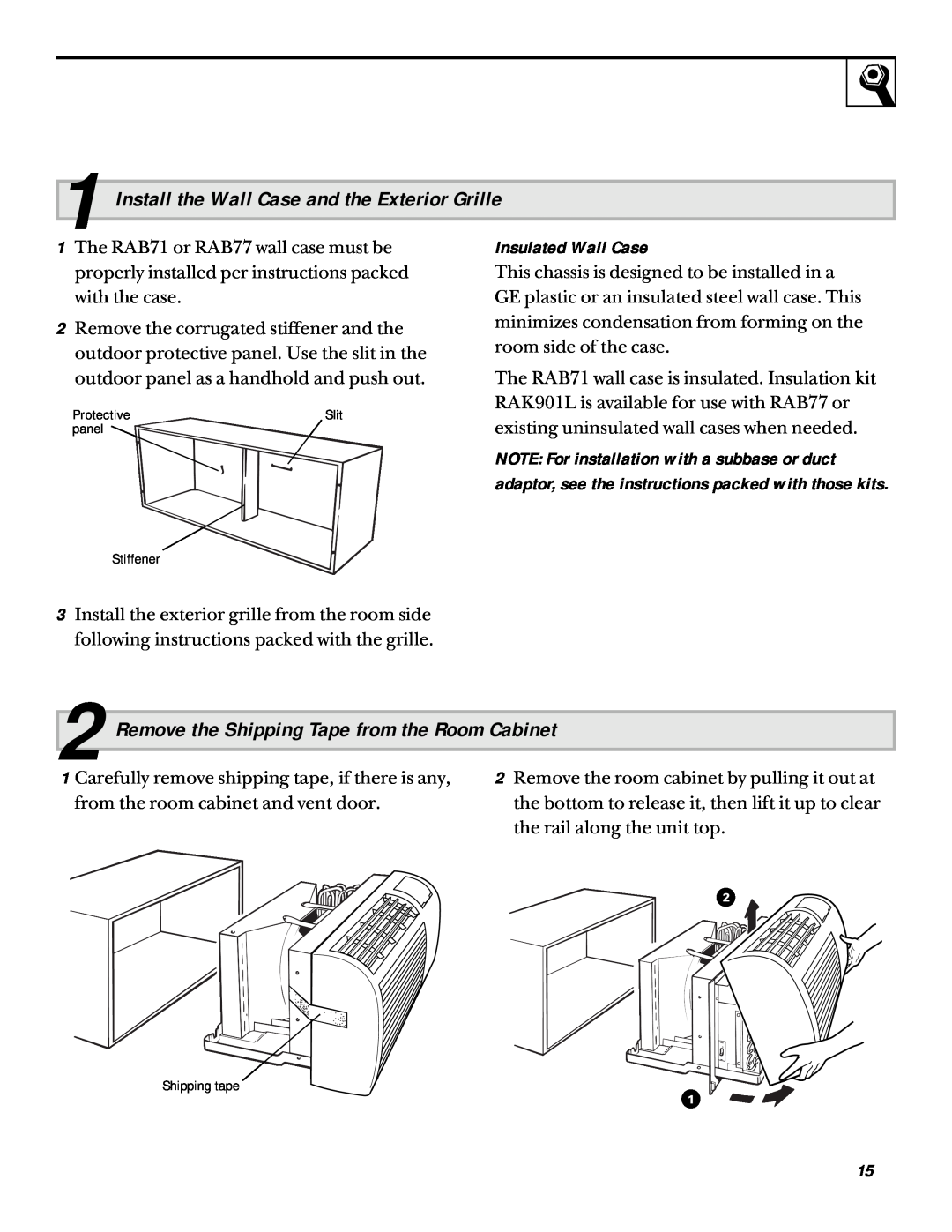 GE 5200 Install the Wall Case and the Exterior Grille, Remove the Shipping Tape from the Room Cabinet, Insulated Wall Case 