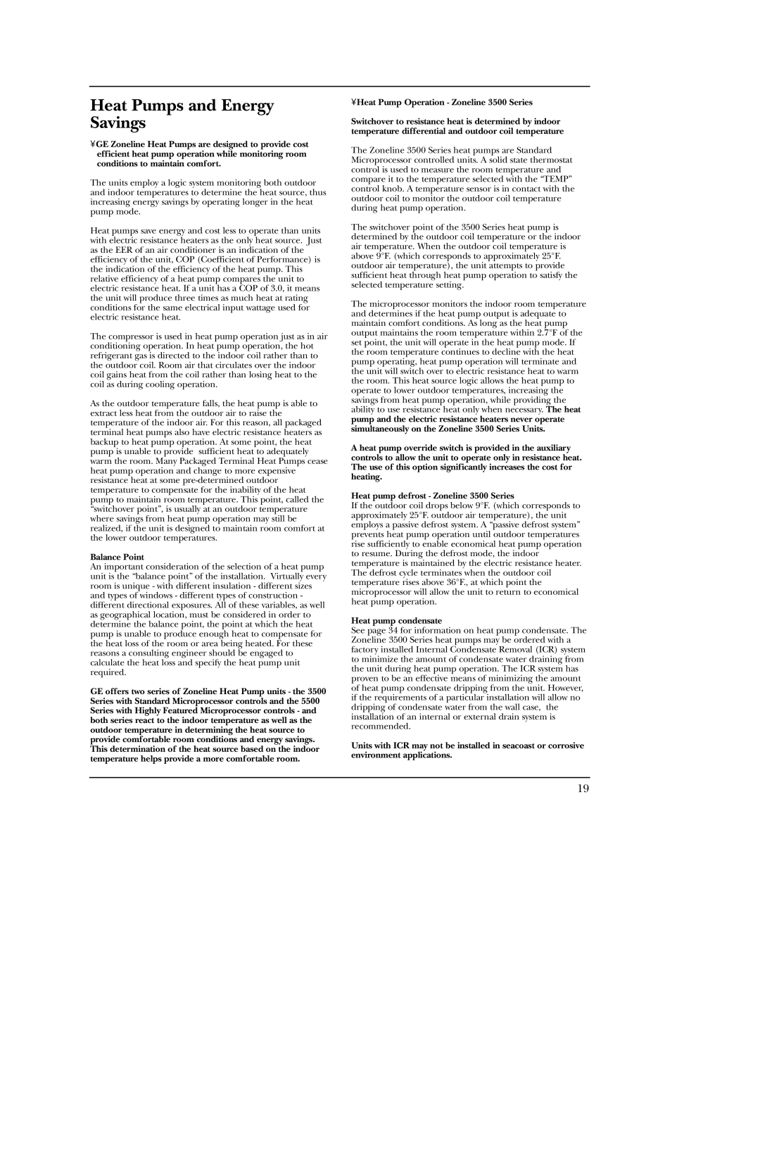 GE 5500 manual Heat Pumps and Energy Savings, Balance Point, Heat pump condensate 