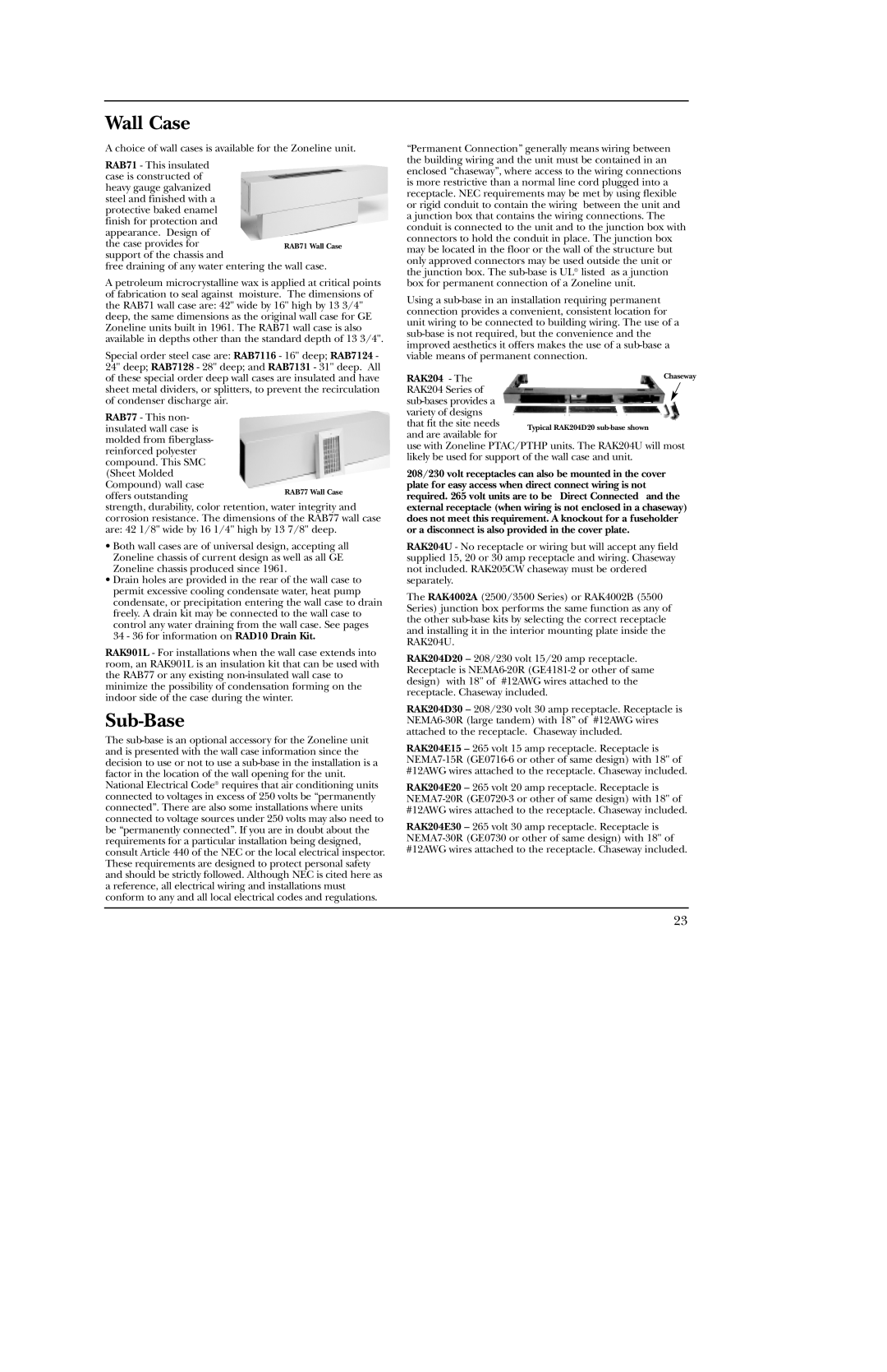 GE 5500 manual Wall Case, Sub-Base, RAK204 