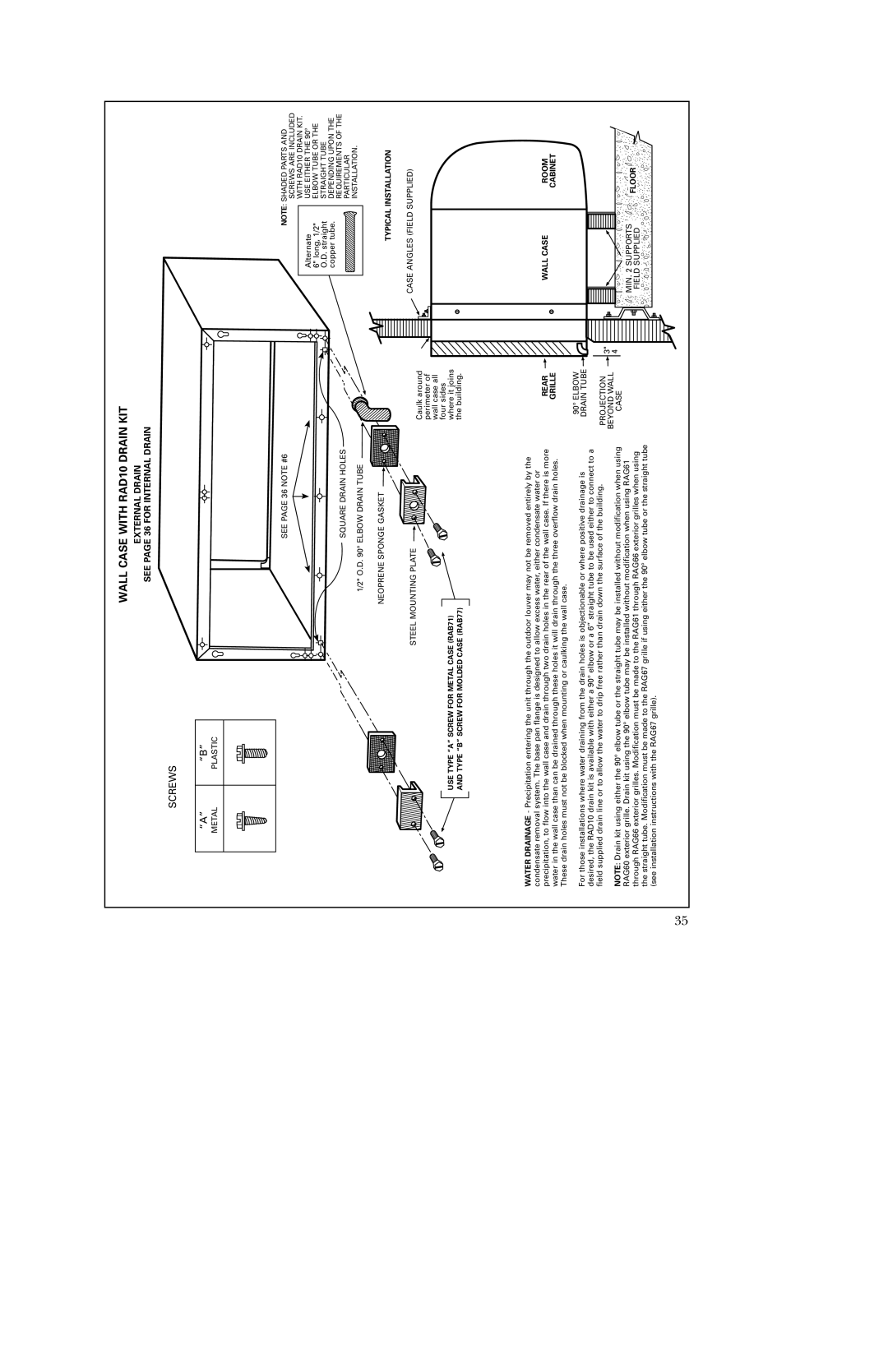 GE 5500 manual Wall Case with RAD10 Drain KIT, Rear Grille, Typical Installation, Wall Case Room Cabinet, MIN Supports 