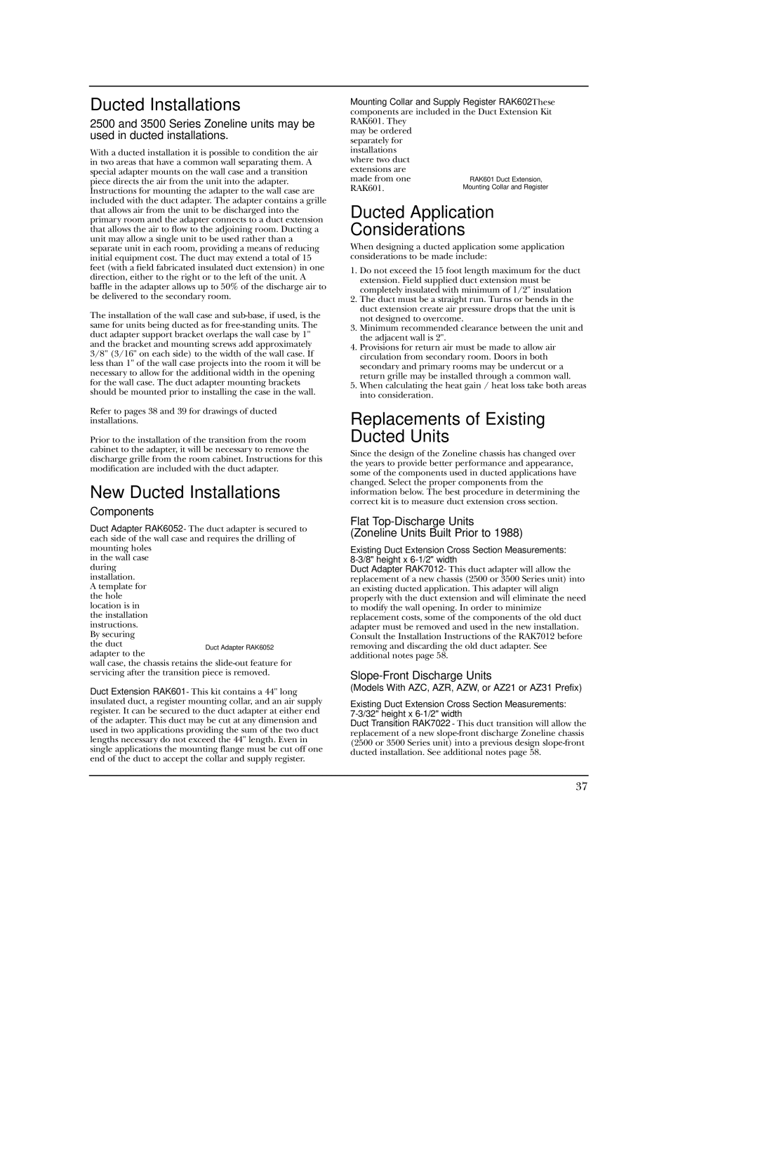 GE 5500 manual New Ducted Installations, Ducted Application Considerations, Replacements of Existing Ducted Units 