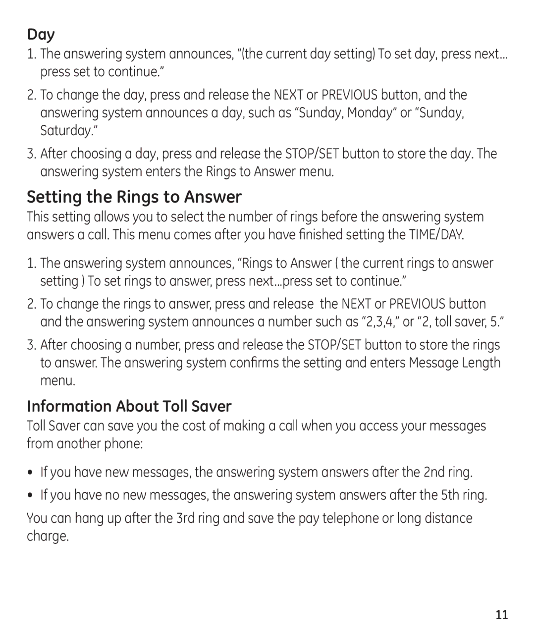 GE 55897990 manual Setting the Rings to Answer, Day, Information About Toll Saver 