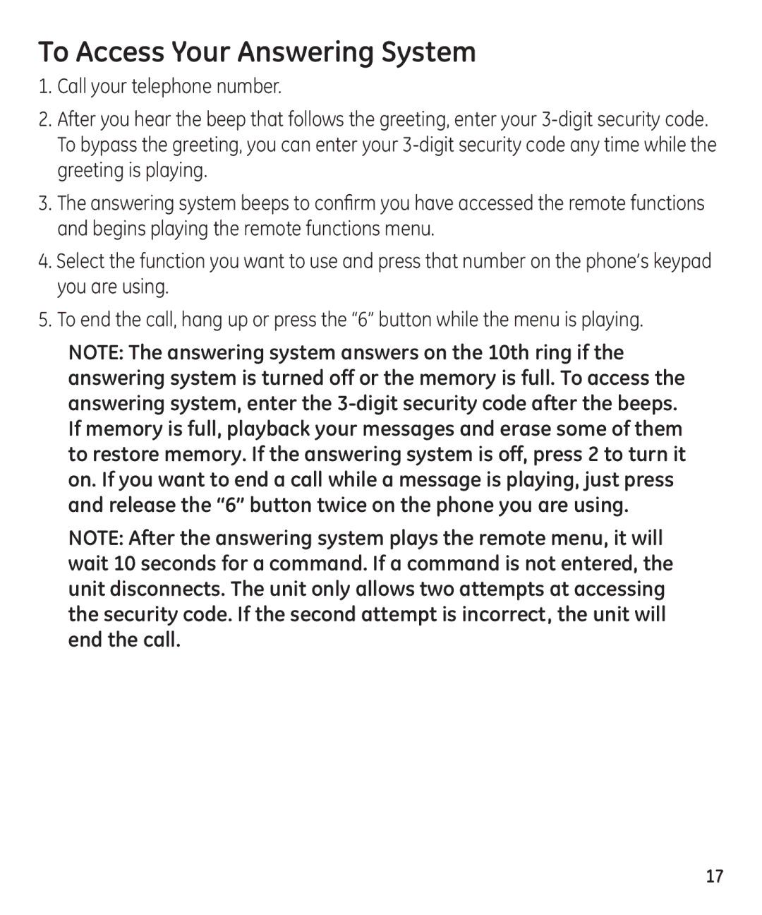 GE 55897990 manual To Access Your Answering System 