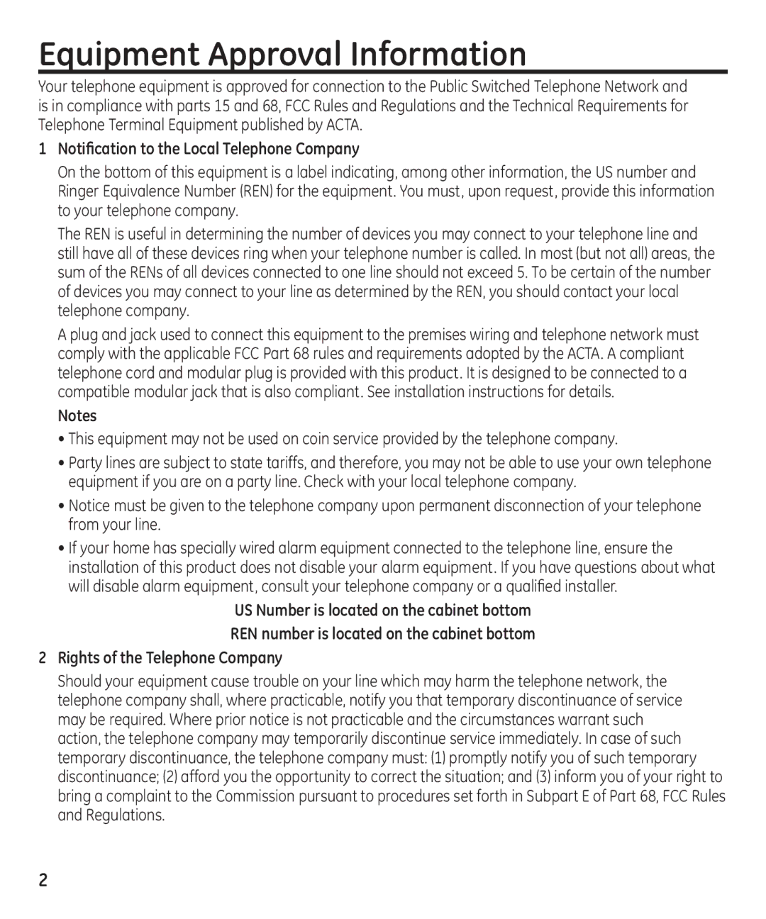 GE 55897990 manual Equipment Approval Information, Notification to the Local Telephone Company 