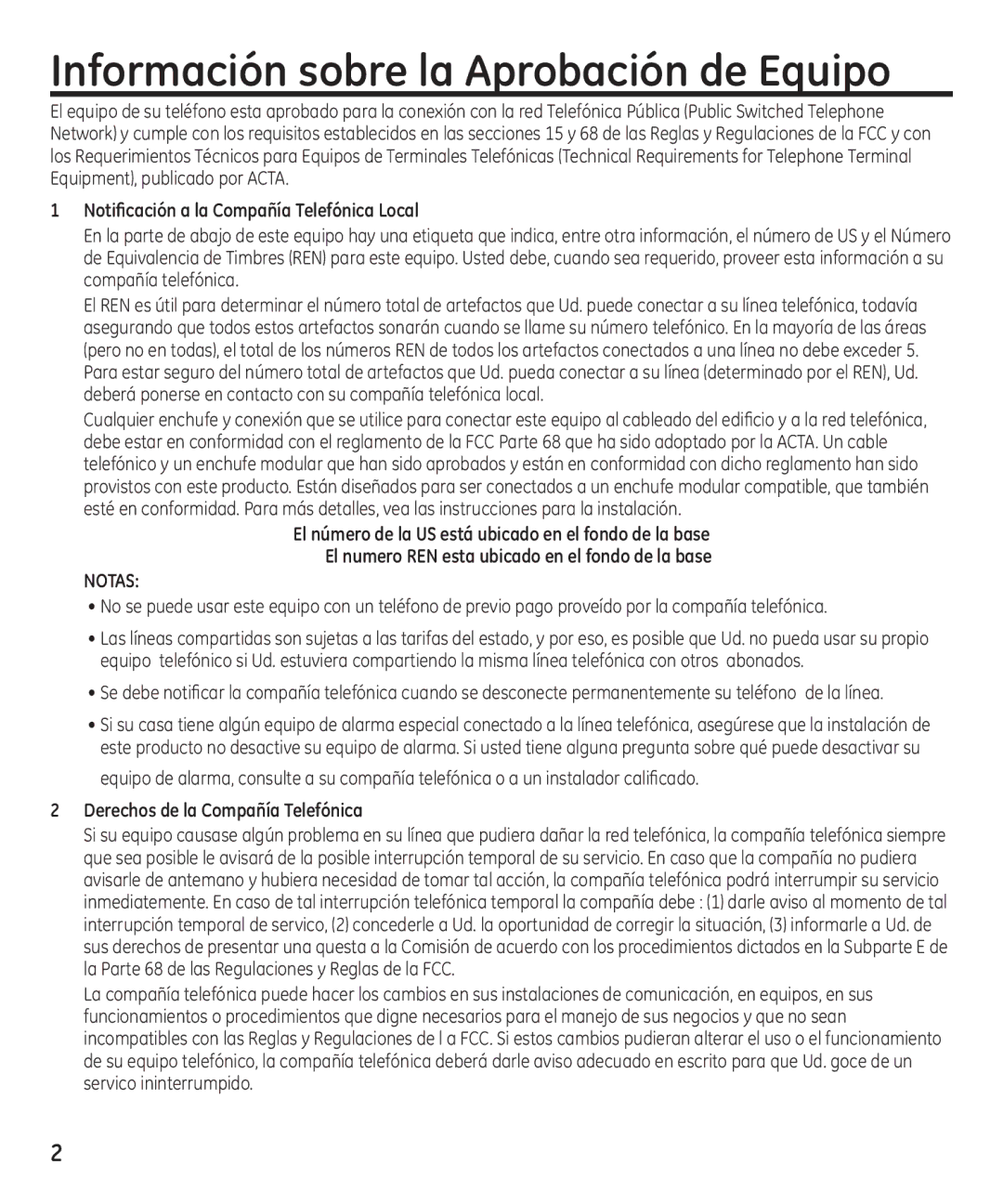 GE 55897990 manual Información sobre la Aprobación de Equipo, Notificación a la Compañía Telefónica Local 