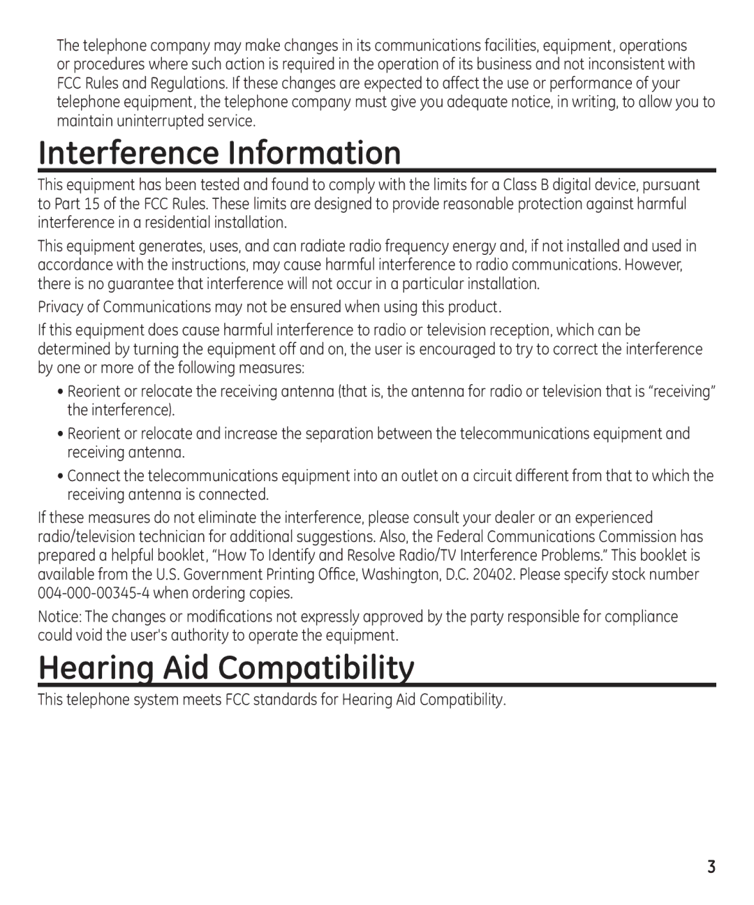 GE 55897990 manual Interference Information, Hearing Aid Compatibility 