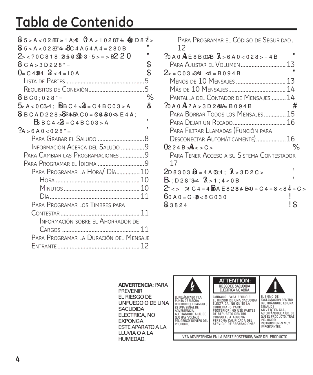 GE 55897990 manual Tabla de Contenido, Antes de Comenzar Contador de Mensajes 