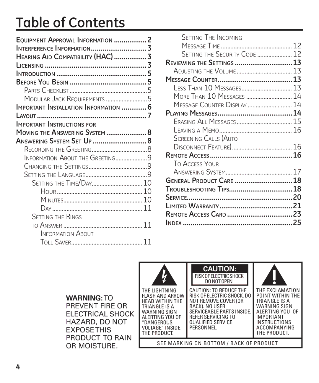 GE 55897990 manual Table of Contents 