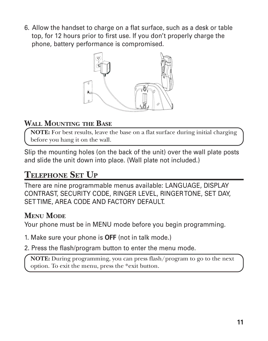 GE 55908580 manual Telephone SET UP, Wall Mounting the Base, Menu Mode 