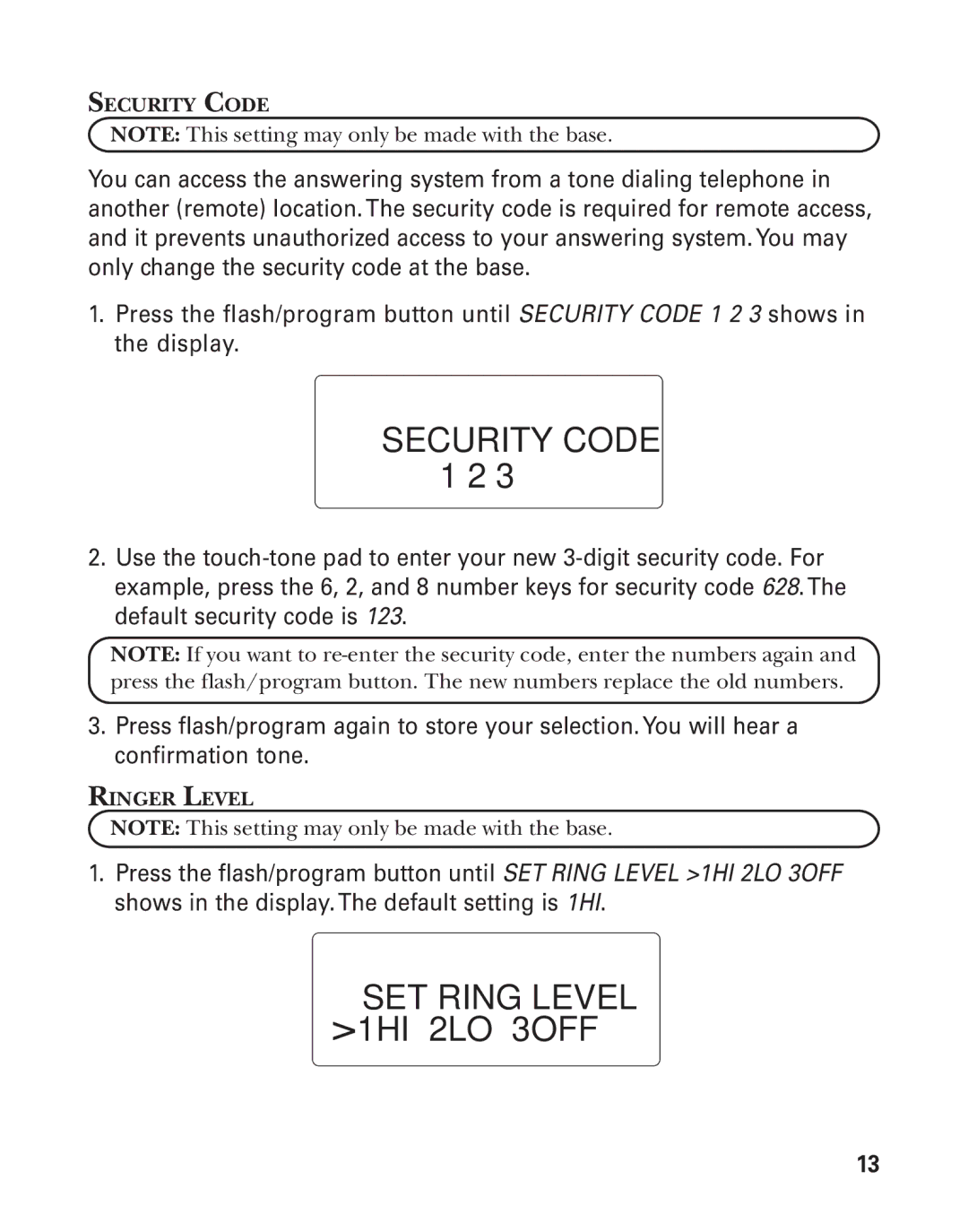 GE 55908580 manual Security Code, Ringer Level 