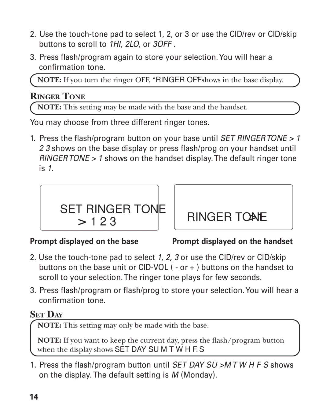 GE 55908580 manual Ringer Tone, Set Day 