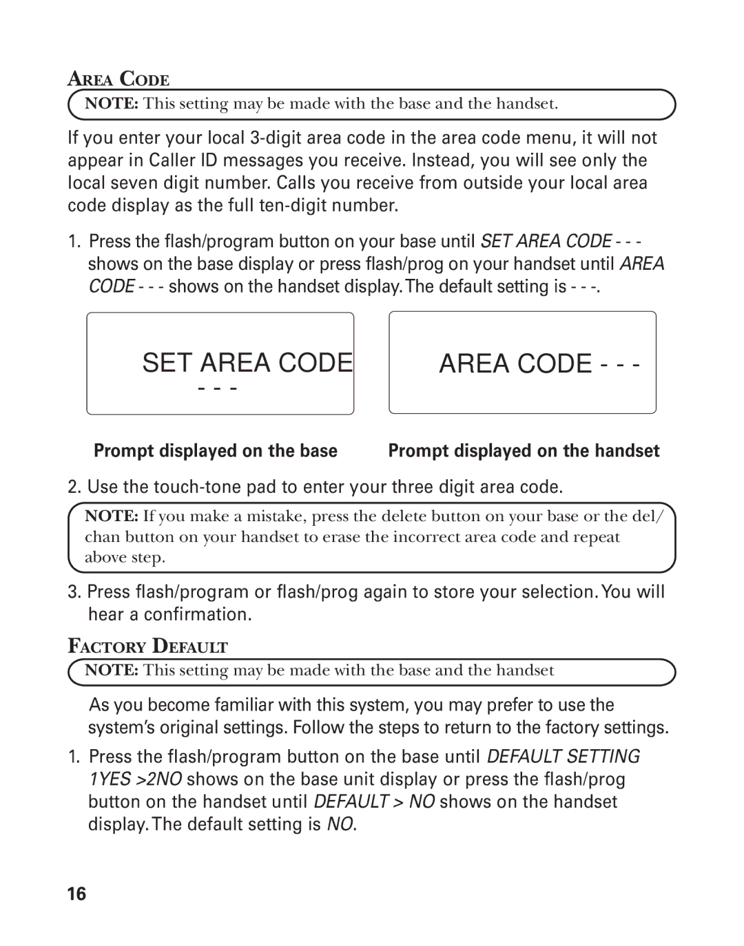 GE 55908580 manual Area Code, Factory Default 