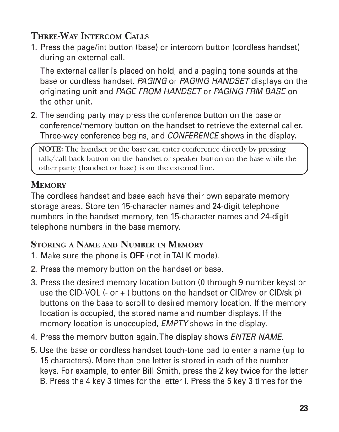 GE 55908580 manual THREE-WAY Intercom Calls, Storing a Name and Number in Memory 