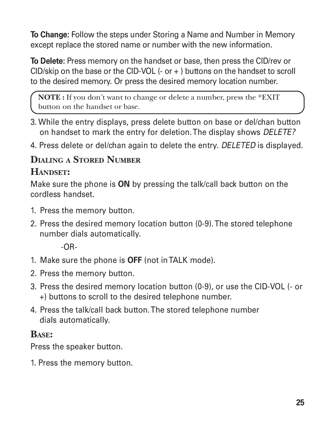 GE 55908580 manual Dialing a Stored Number Handset, Base 