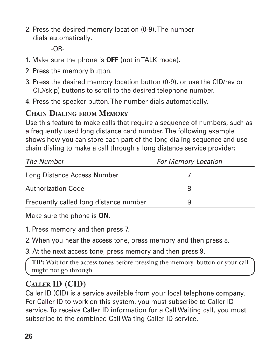 GE 55908580 manual Caller ID CID, Chain Dialing from Memory 