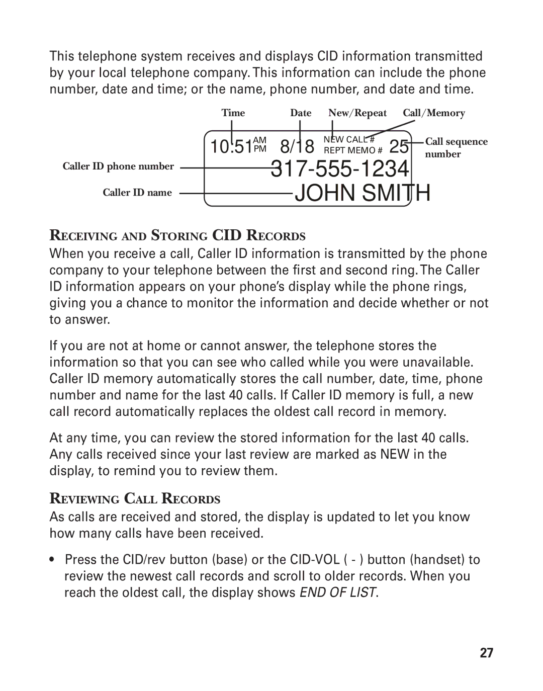 GE 55908580 manual Receiving and Storing CID Records, Reviewing Call Records 