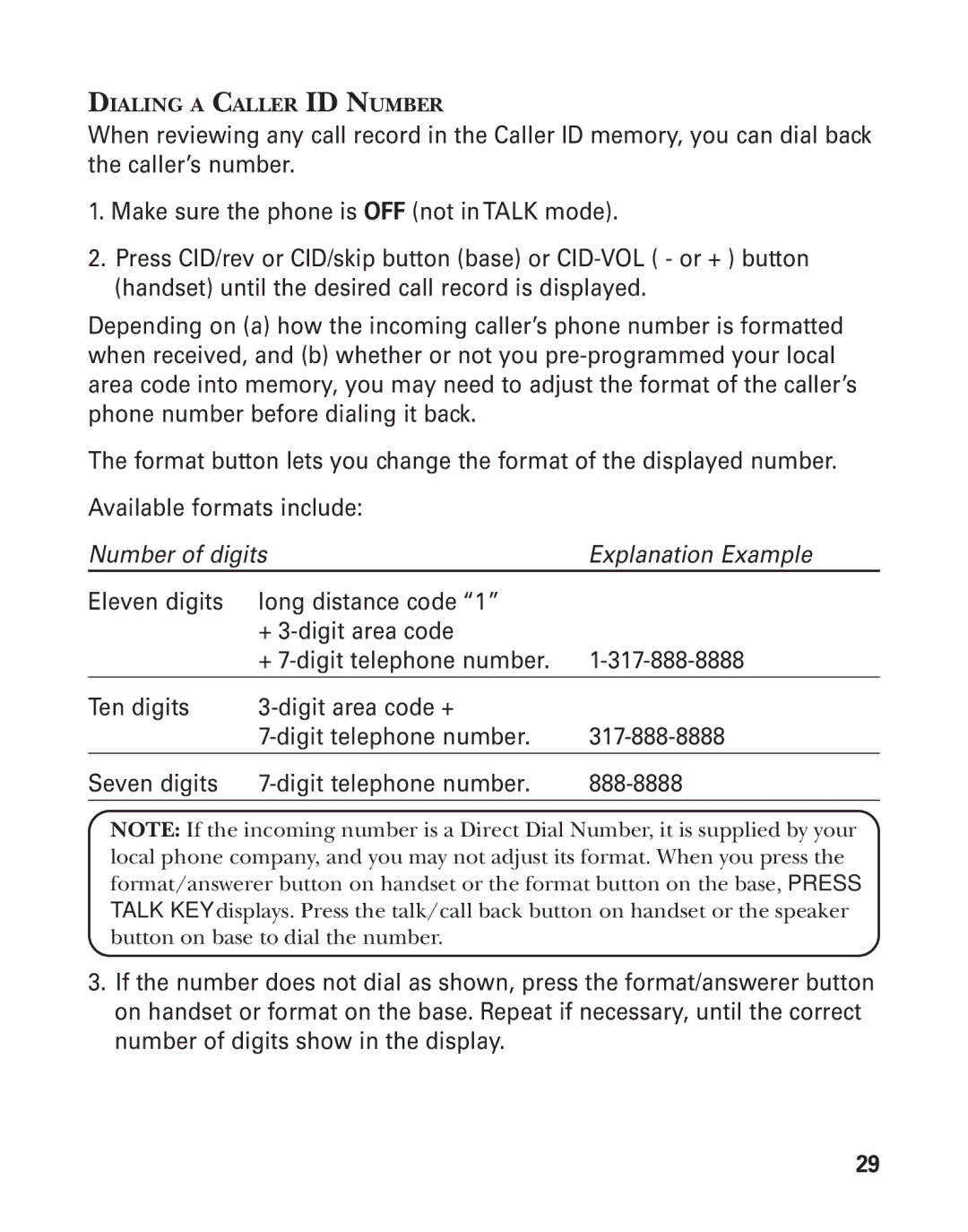 GE 55908580 manual Number of digits Explanation Example, Dialing a Caller ID Number 