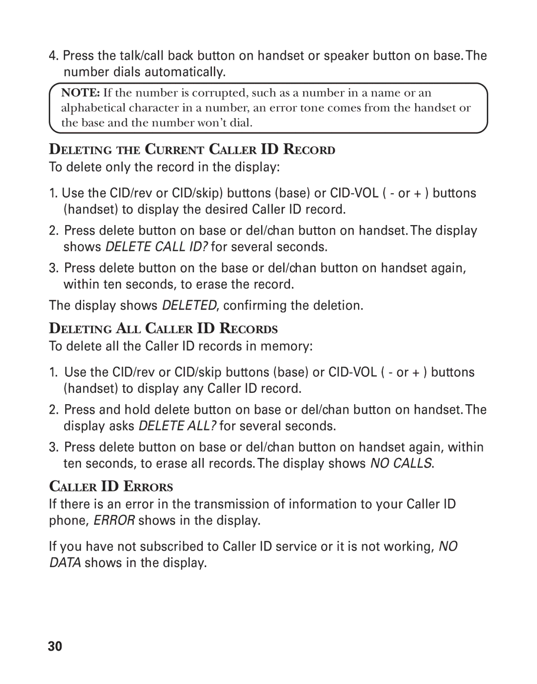 GE 55908580 manual Deleting the Current Caller ID Record, Deleting ALL Caller ID Records, Caller ID Errors 