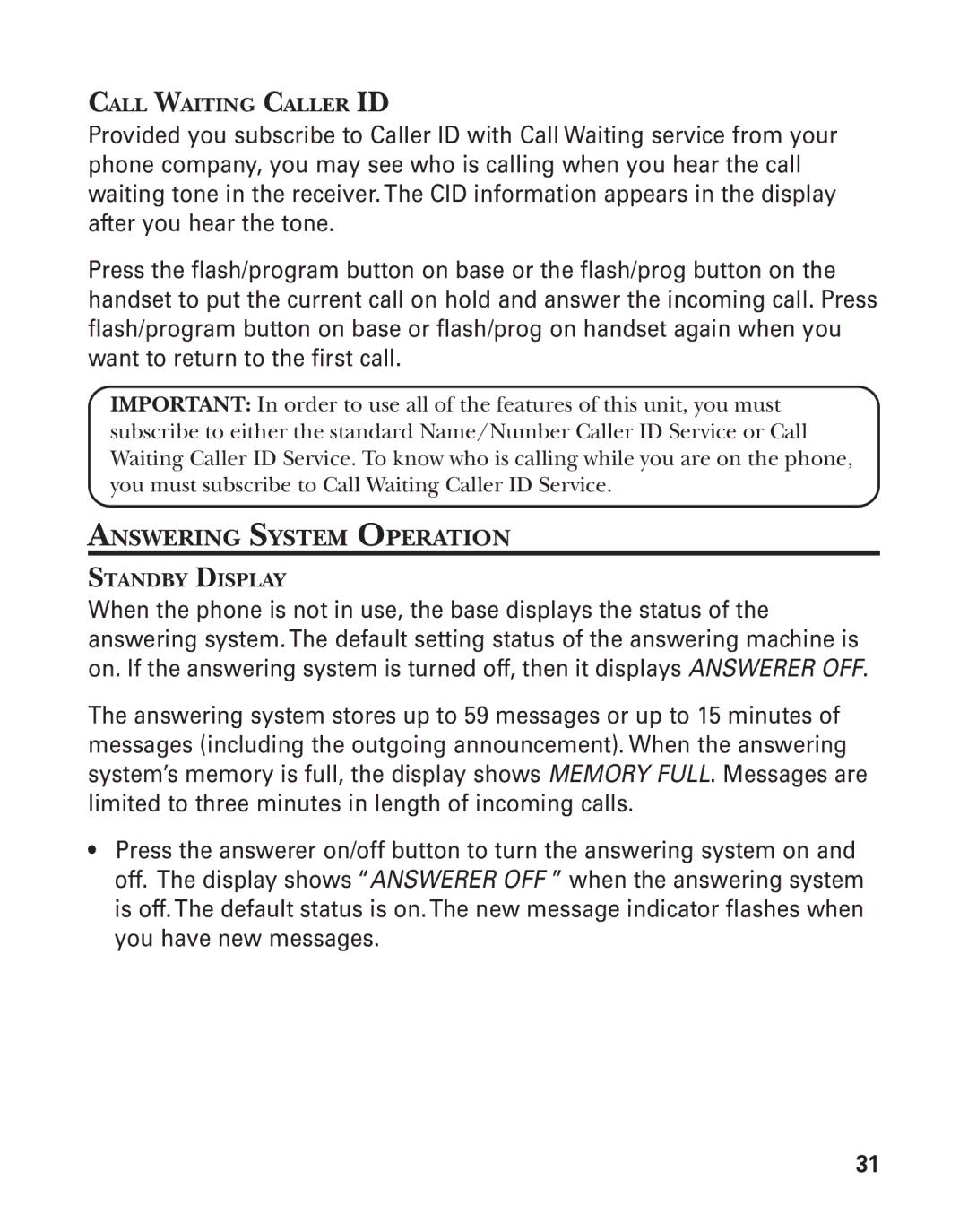 GE 55908580 manual Answering System Operation, Call Waiting Caller ID, Standby Display 