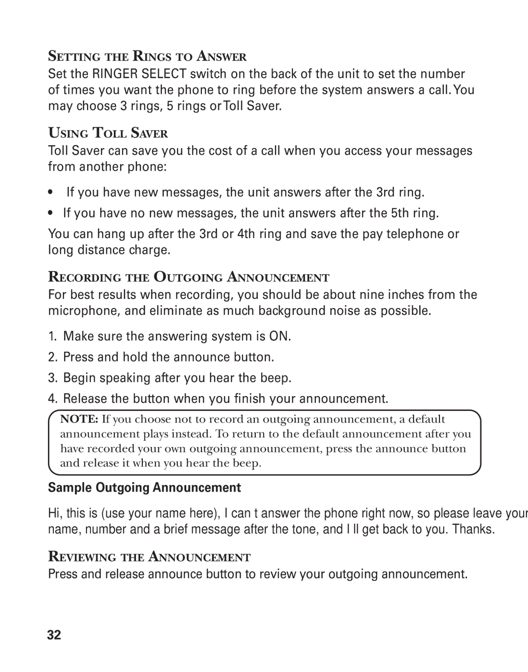 GE 55908580 Setting the Rings to Answer, Using Toll Saver, Recording the Outgoing Announcement, Reviewing the Announcement 