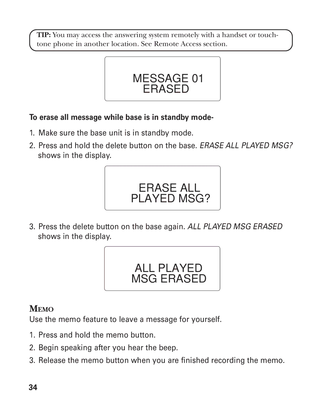 GE 55908580 manual Message Erased, Memo 