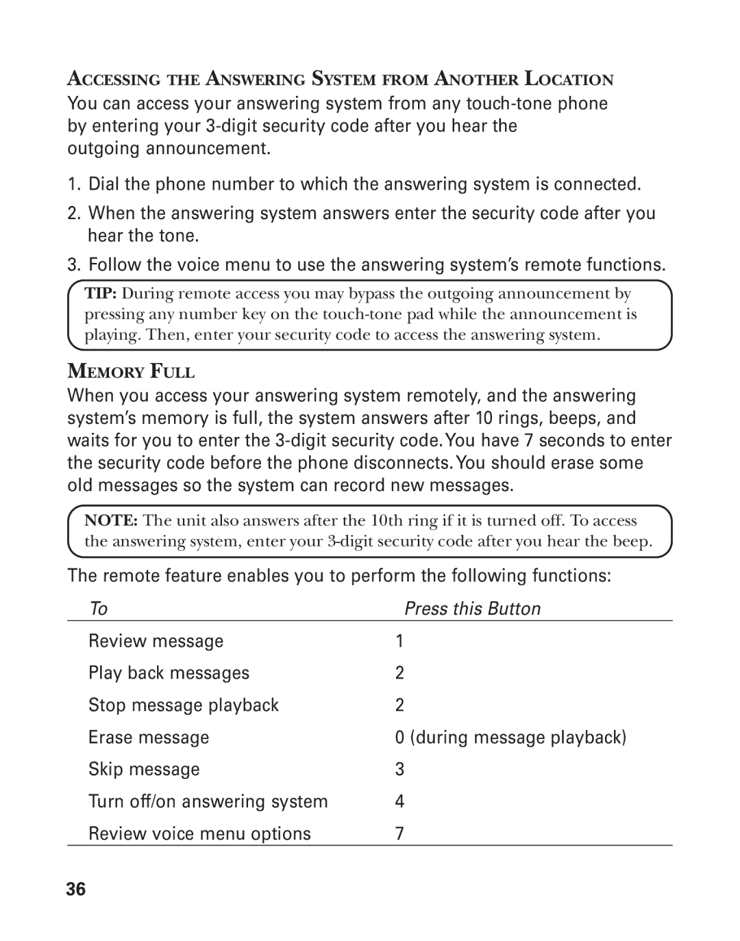 GE 55908580 manual Accessing the Answering System from Another Location, Memory Full 