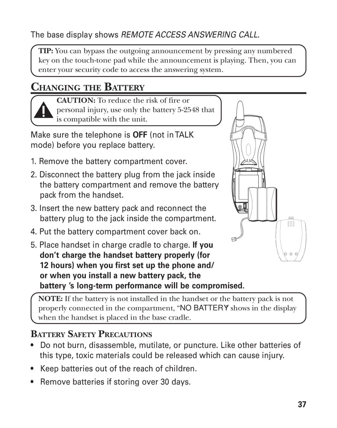 GE 55908580 manual Changing the Battery, Battery Safety Precautions 