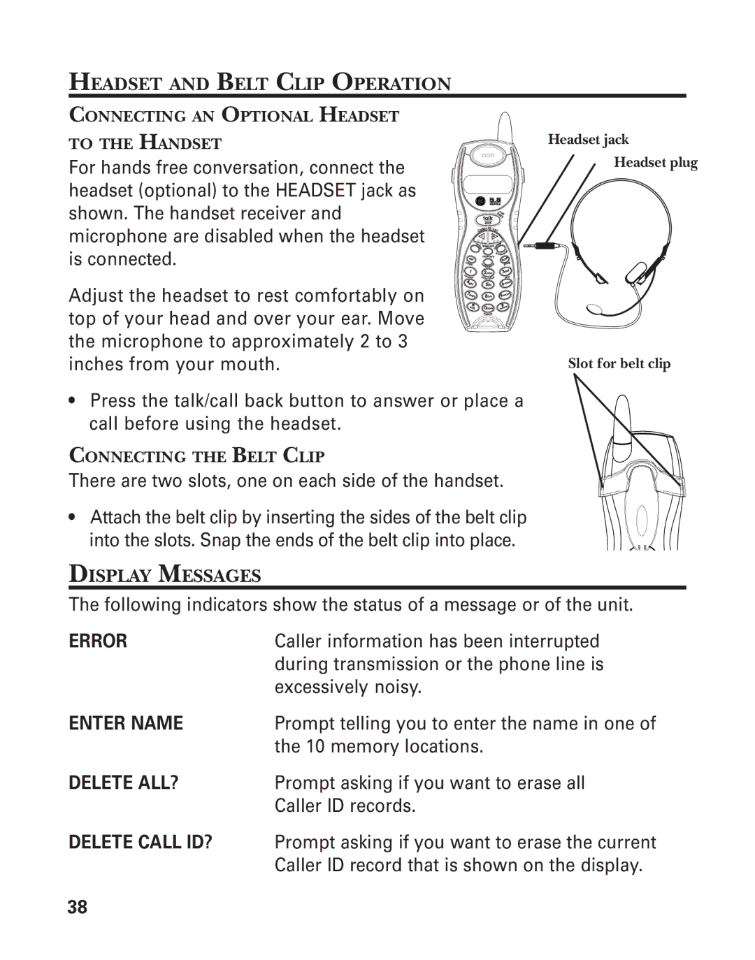 GE 55908580 manual Headset and Belt Clip Operation, Display Messages, Connecting AN Optional Headset To the Handset 