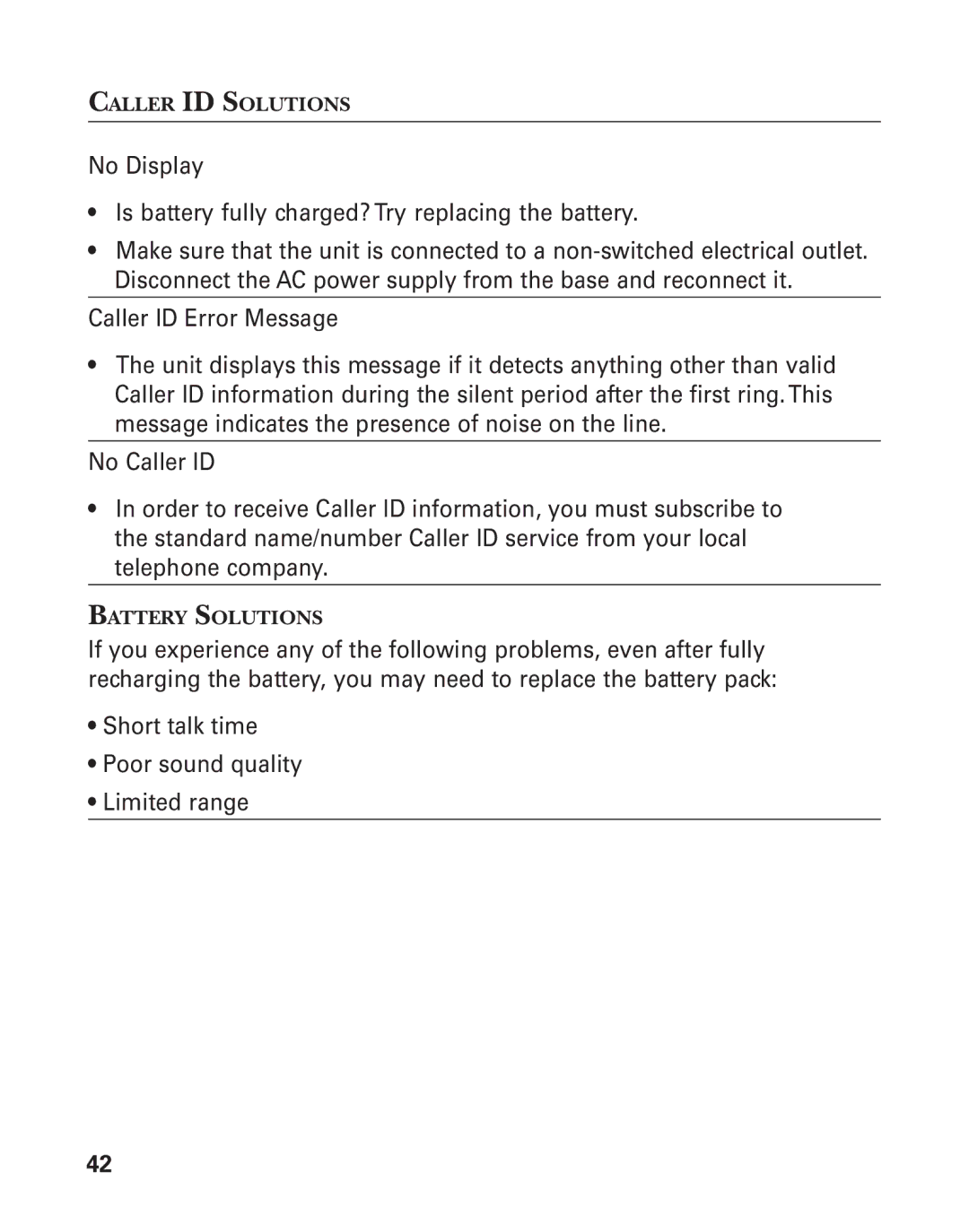 GE 55908580 manual Caller ID Solutions, Battery Solutions 